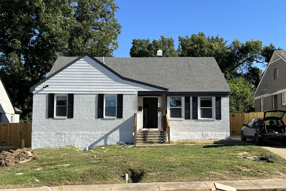 Street view after renovation, 1940s duplex, rebuilt from the framing
